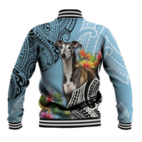 Cyan baseball jacket with back dog-and-flower artwork, tribal pattern, striped ribbed cuffs