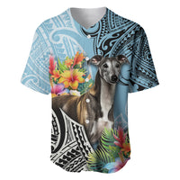 Cyan polynesian greyhound baseball jersey with tribal print, hibiscus flower, button front