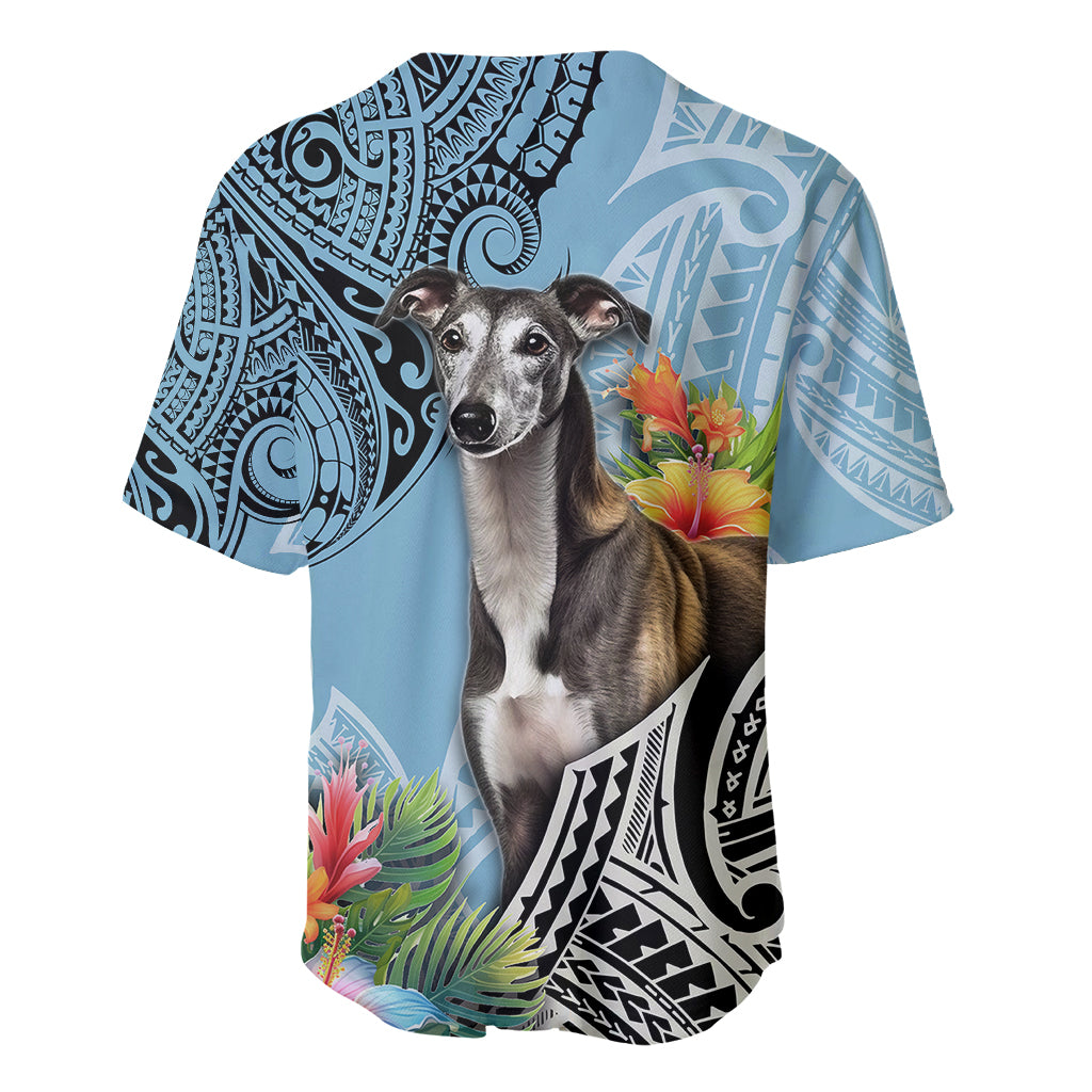 Light-blue polynesian greyhound baseball jersey with tribal print, hibiscus and jungle leaves