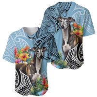Cyan polynesian greyhound baseball jersey with tribal print, flowers, button placket