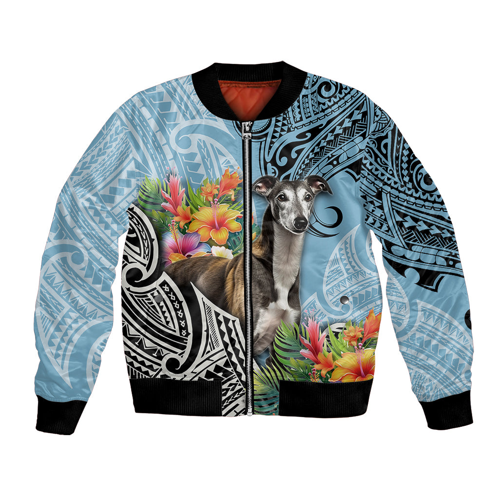 Cyan bomber jacket with black ribbed cuffs and full-zip, greyhound with Polynesian pattern art