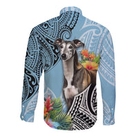 Unisex turquoise long-sleeve button shirt with dog portrait, bold Polynesian motifs and flowers