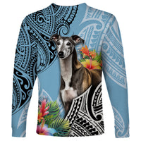 Cyan long-sleeve shirt with dog portrait, tropical blooms, and black ornamental tribal prints