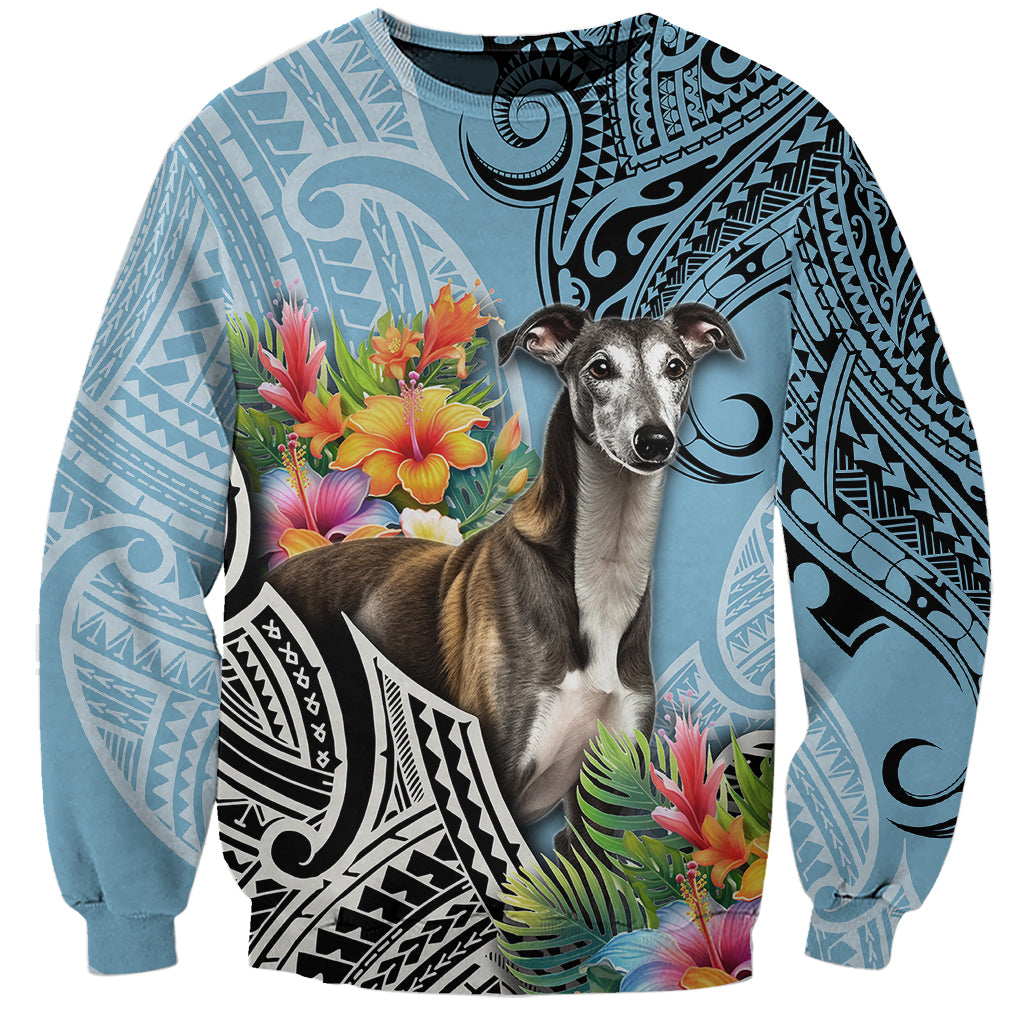 Unisex cyan sweatshirt with greyhound dog and Polynesian pattern graphics