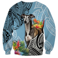 Unisex cyan sweatshirt with greyhound portrait, black tribal pattern, floral accents