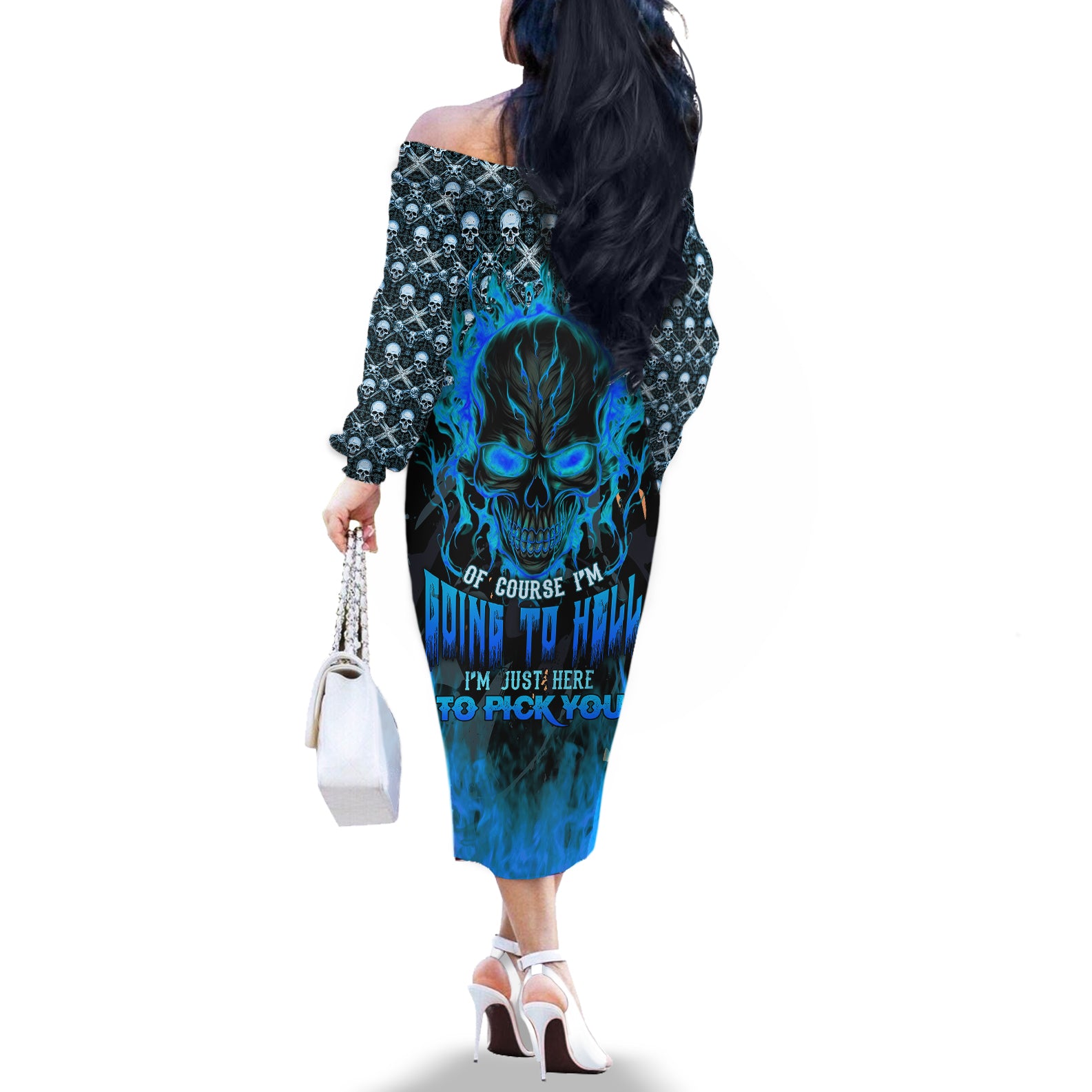 Fire Skull Off The Shoulder Long Sleeve Dress Of Course I'm Going To Hell I'm Just Here To Pick You Up - Wonder Print Shop