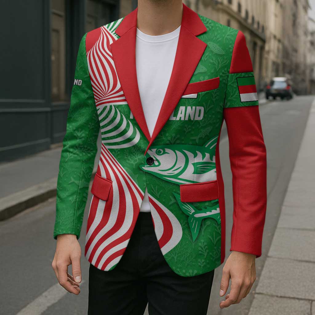 Germany Heligoland Blazer with Fish Illustration and Red Green Wave - Wonder Print Shop