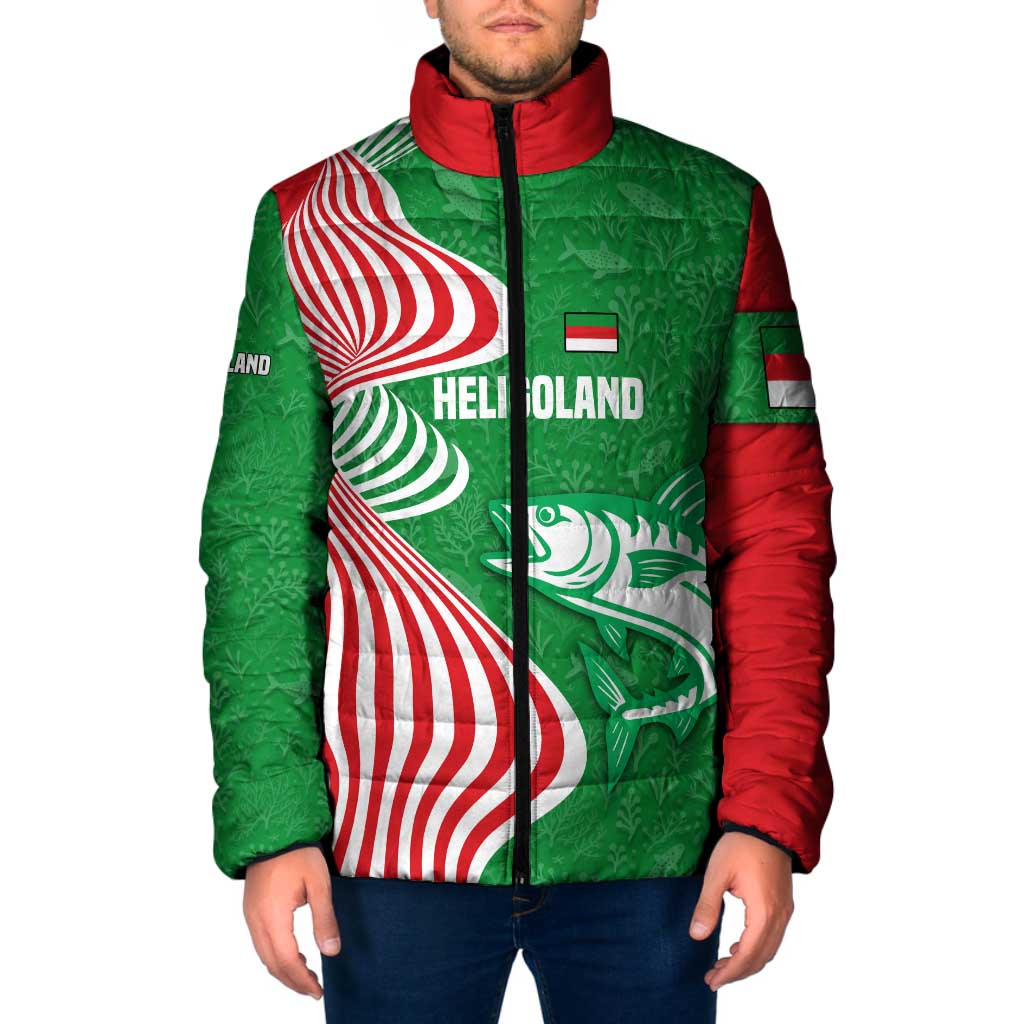 Germany Heligoland Padded Jacket with Fish Illustration and Red Green Wave - Wonder Print Shop