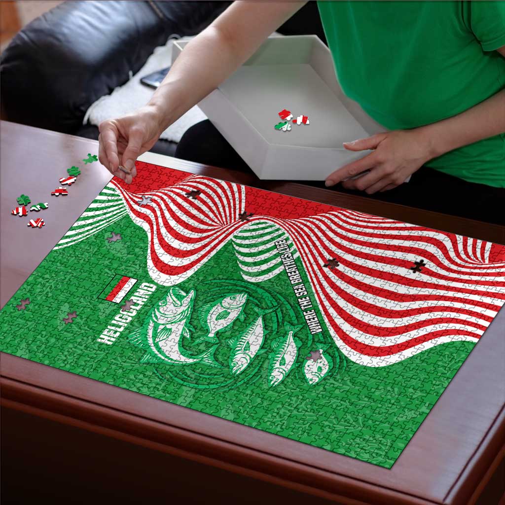 Germany Heligoland Puzzle with Fish Illustration and Red Green Wave - Wonder Print Shop