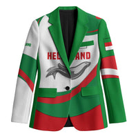 Green and white unisex blazer with red graphic seal and stripe wave design