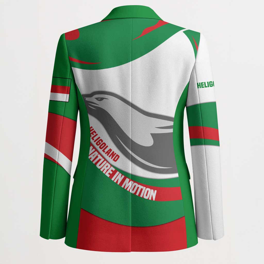 Green and white unisex blazer back with seal graphic, text and red stripe wave