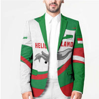 Unisex blazer on model: green and white with red seal graphic and lapel pockets