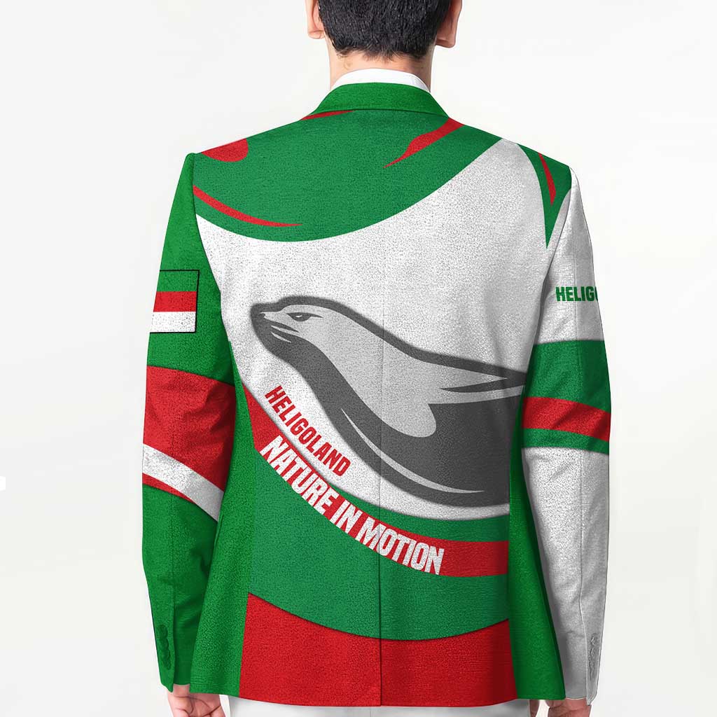 Unisex blazer back view in green and white with red stripe seal and wave text