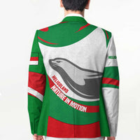 Unisex blazer back view in green and white with red stripe seal and wave text