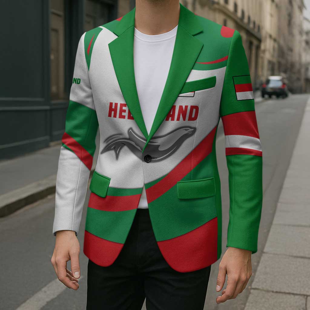Green and white blazer on man with red seal graphic, black buttons, striped sleeves