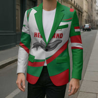 Green and white blazer on man with red seal graphic, black buttons, striped sleeves