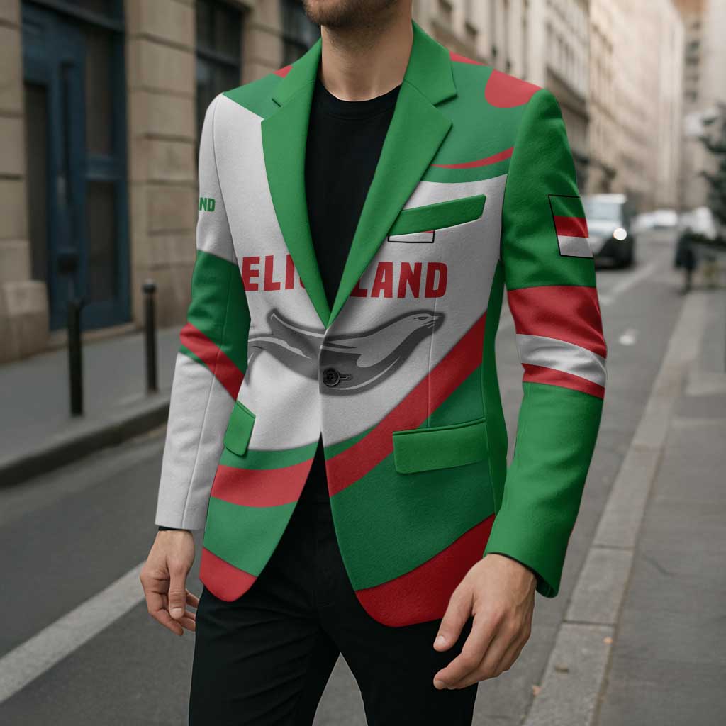 Green and white blazer on man with red seal graphic and matching striped cuffs