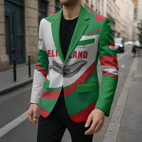 Green and white blazer on man with red seal graphic and matching striped cuffs