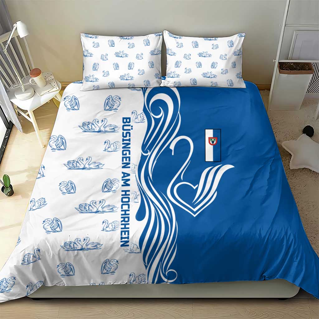 Busingen am Hochrhein Germany Bedding Set with Swan Pattern and Blue White Heart Design - Wonder Print Shop