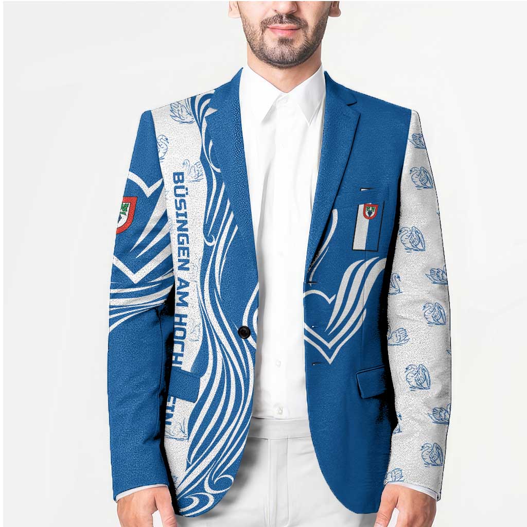 Busingen am Hochrhein Germany Blazer with Swan Pattern and Blue White Heart Design - Wonder Print Shop