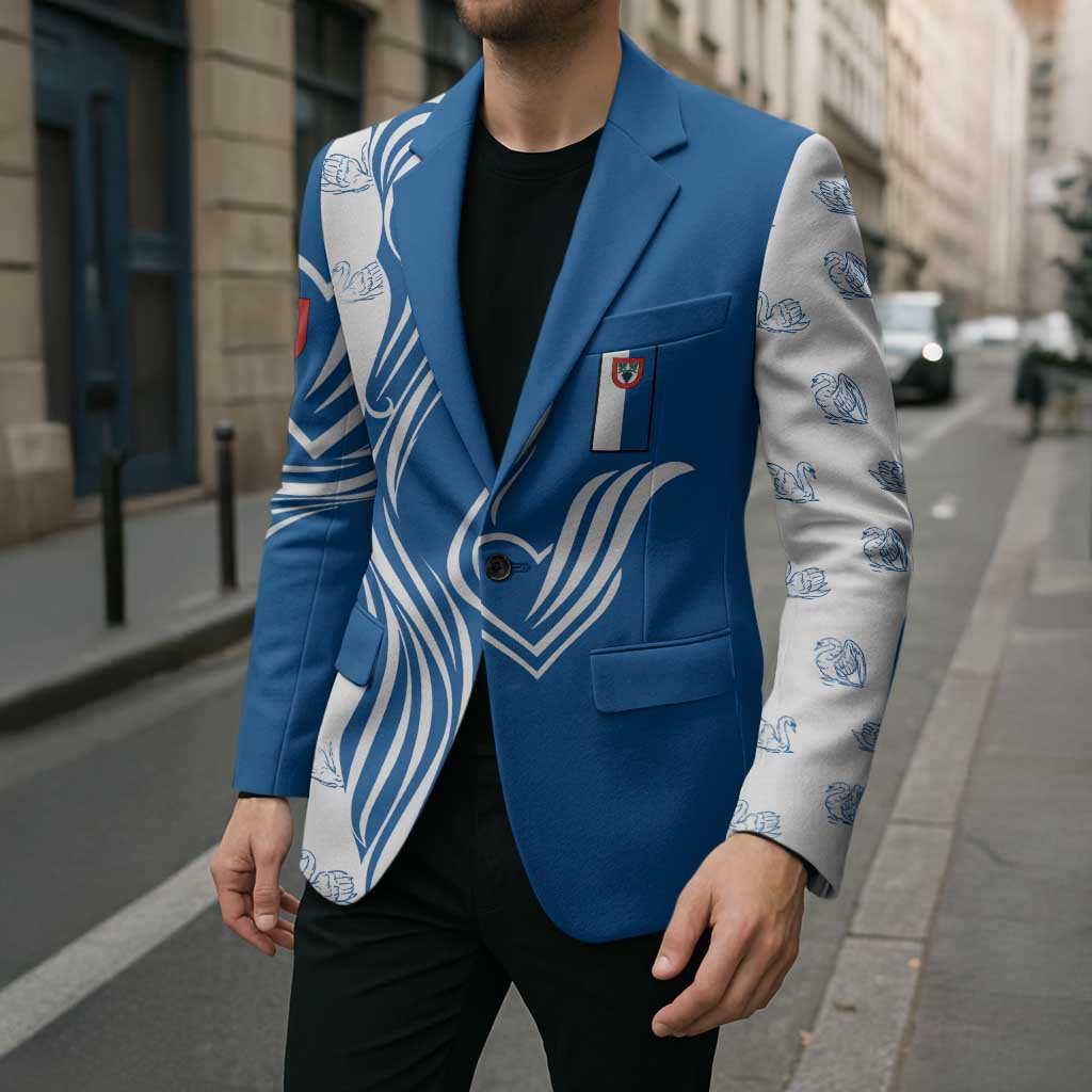 Busingen am Hochrhein Germany Blazer with Swan Pattern and Blue White Heart Design - Wonder Print Shop