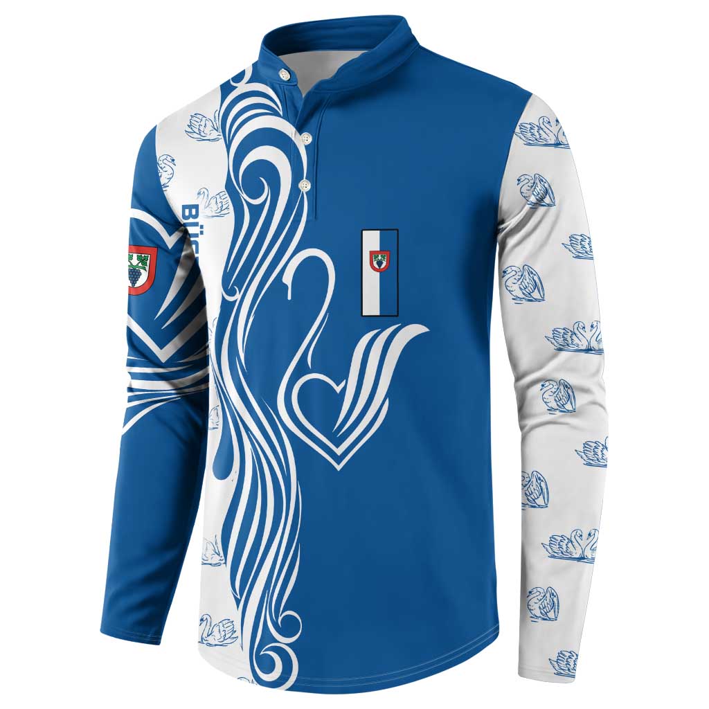 Busingen am Hochrhein Germany Button Sweatshirt with Swan Pattern and Blue White Heart Design - Wonder Print Shop