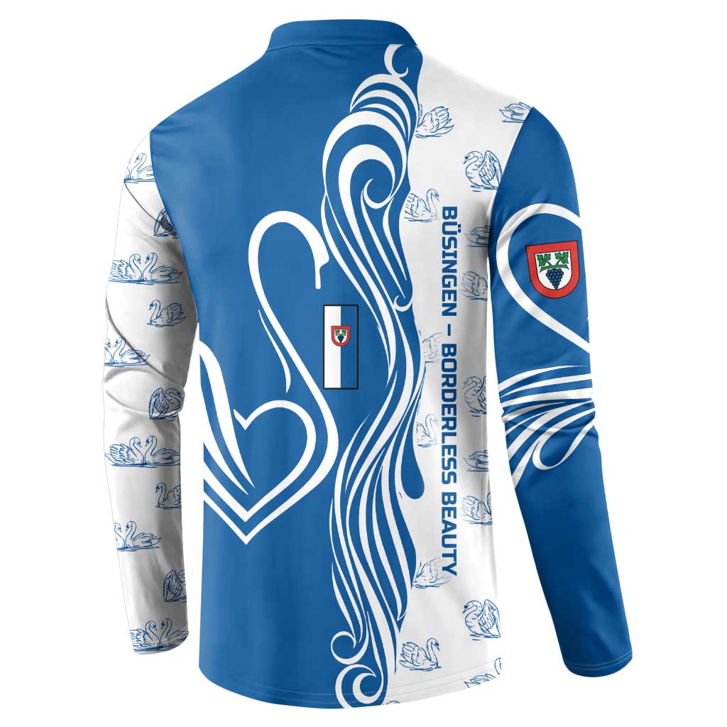 Busingen am Hochrhein Germany Button Sweatshirt with Swan Pattern and Blue White Heart Design - Wonder Print Shop
