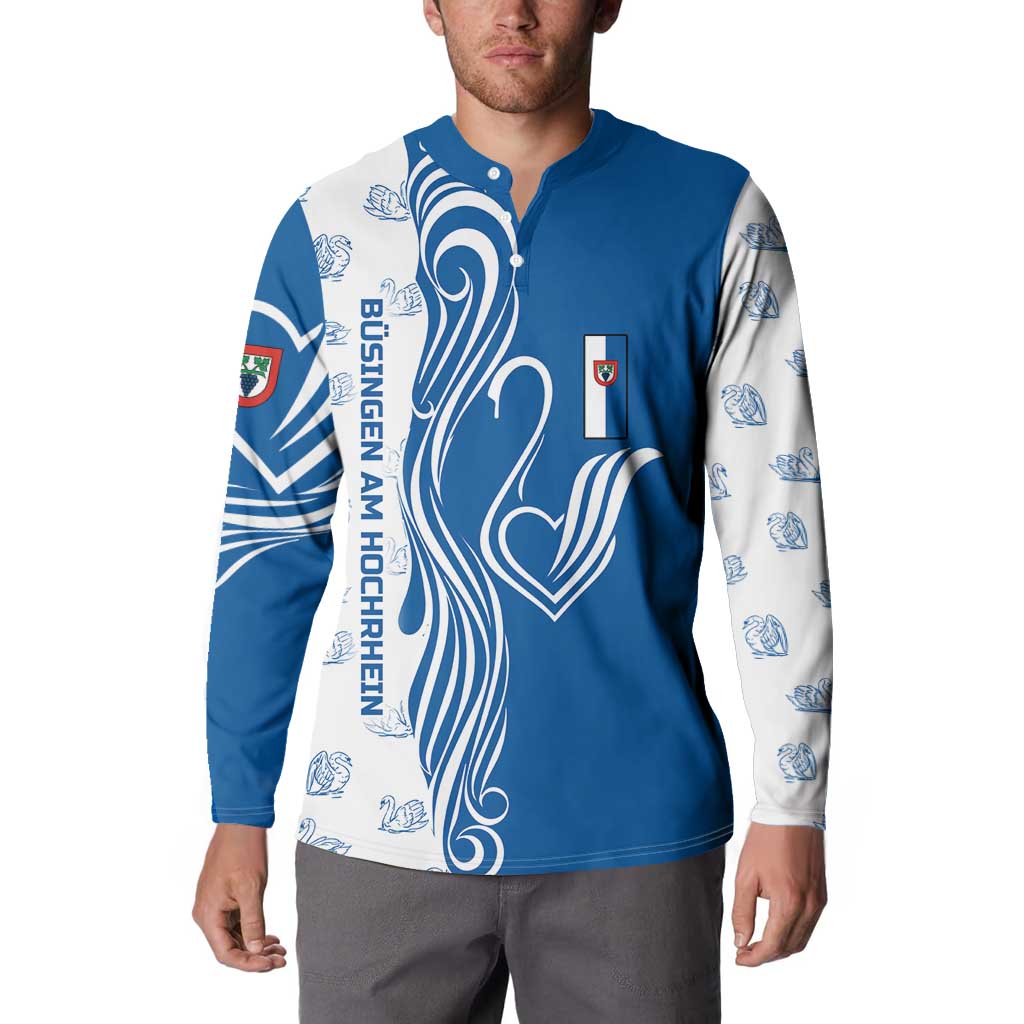 Busingen am Hochrhein Germany Button Sweatshirt with Swan Pattern and Blue White Heart Design - Wonder Print Shop