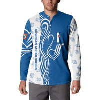 Busingen am Hochrhein Germany Button Sweatshirt with Swan Pattern and Blue White Heart Design - Wonder Print Shop