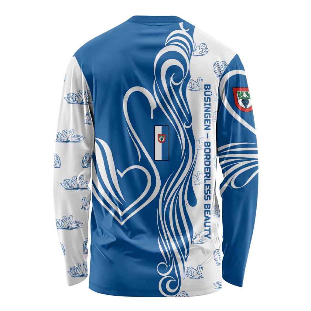 Unisex long-sleeve shirt, blue with white swan line art and patterned sleeves