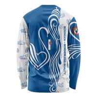 Unisex long-sleeve shirt, blue with white swan line art and patterned sleeves