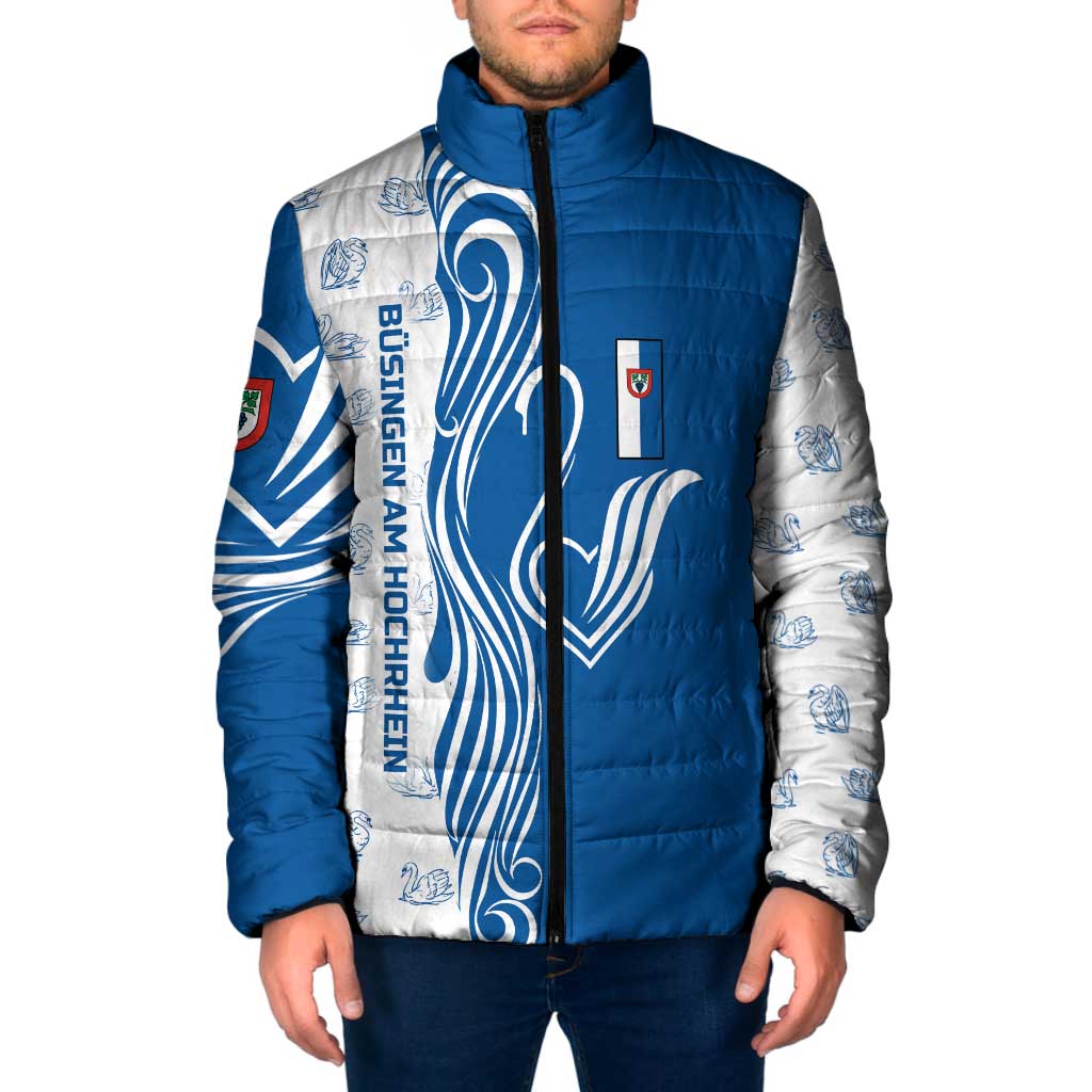 Busingen am Hochrhein Germany Padded Jacket with Swan Pattern and Blue White Heart Design - Wonder Print Shop