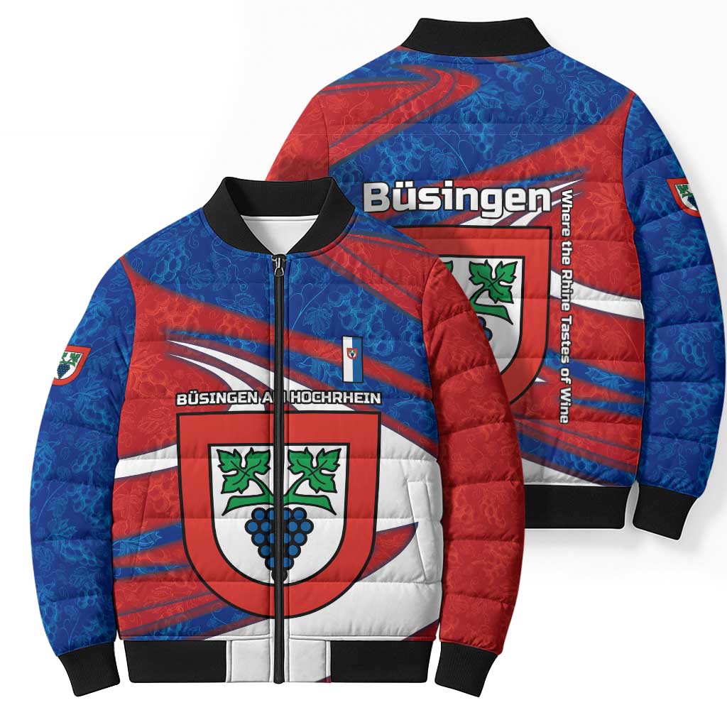 Busingen am Hochrhein Germany Bomber Puffer Jacket with Grape Crest Design and Red Blue Wine Theme - Wonder Print Shop