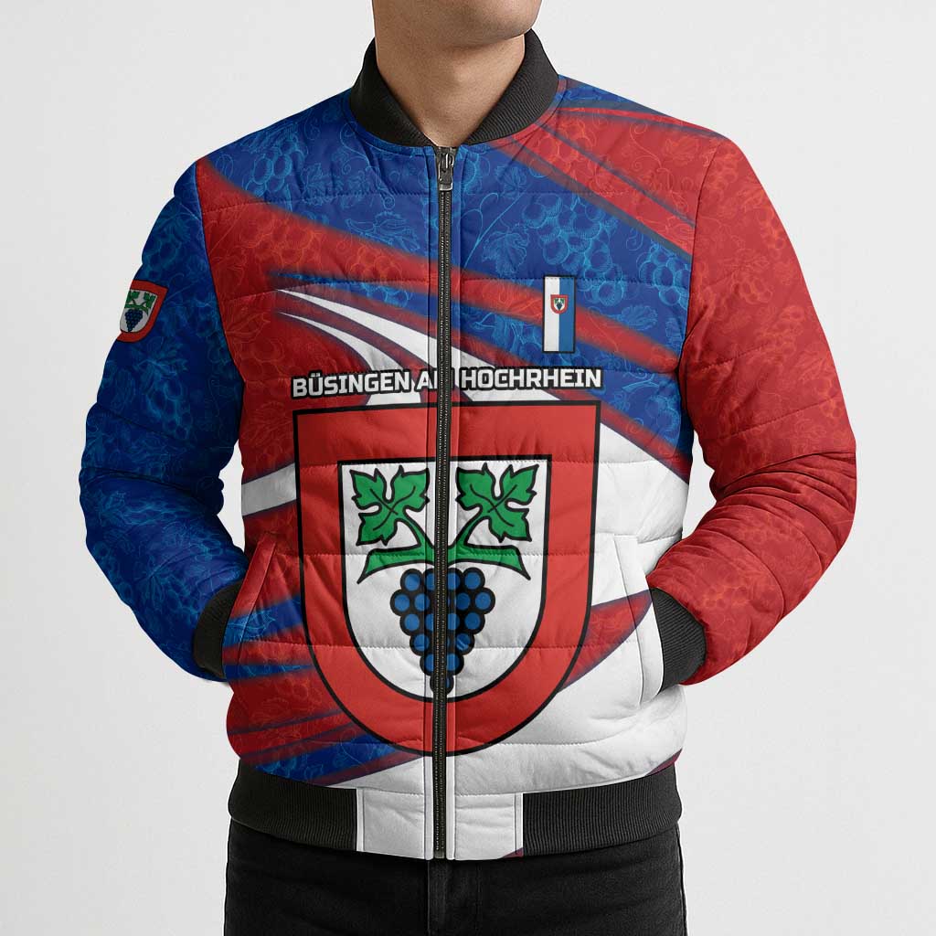 Busingen am Hochrhein Germany Bomber Puffer Jacket with Grape Crest Design and Red Blue Wine Theme - Wonder Print Shop