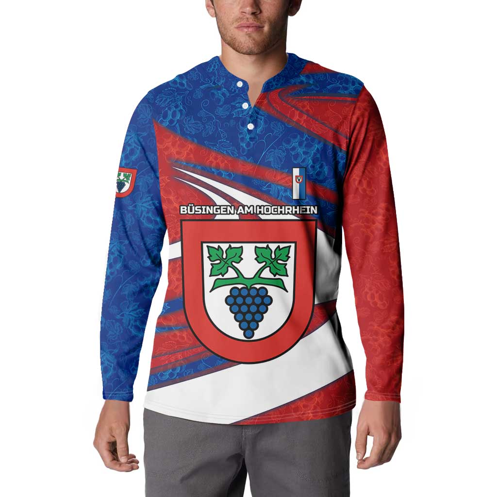 Busingen am Hochrhein Germany Button Sweatshirt with Grape Crest Design and Red Blue Wine Theme - Wonder Print Shop
