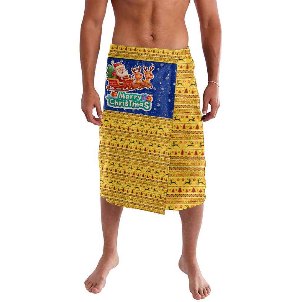 Barbados Christmas Lavalava with Blue Yellow Xmas Trident Santa and Reindeer - Wonder Print Shop