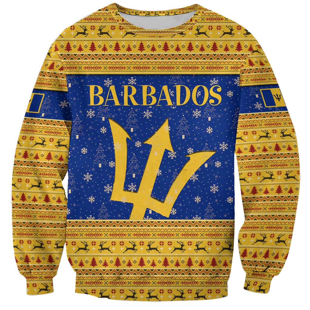 Barbados Christmas Sweatshirt with Blue Yellow Xmas Trident Santa and Reindeer - Wonder Print Shop