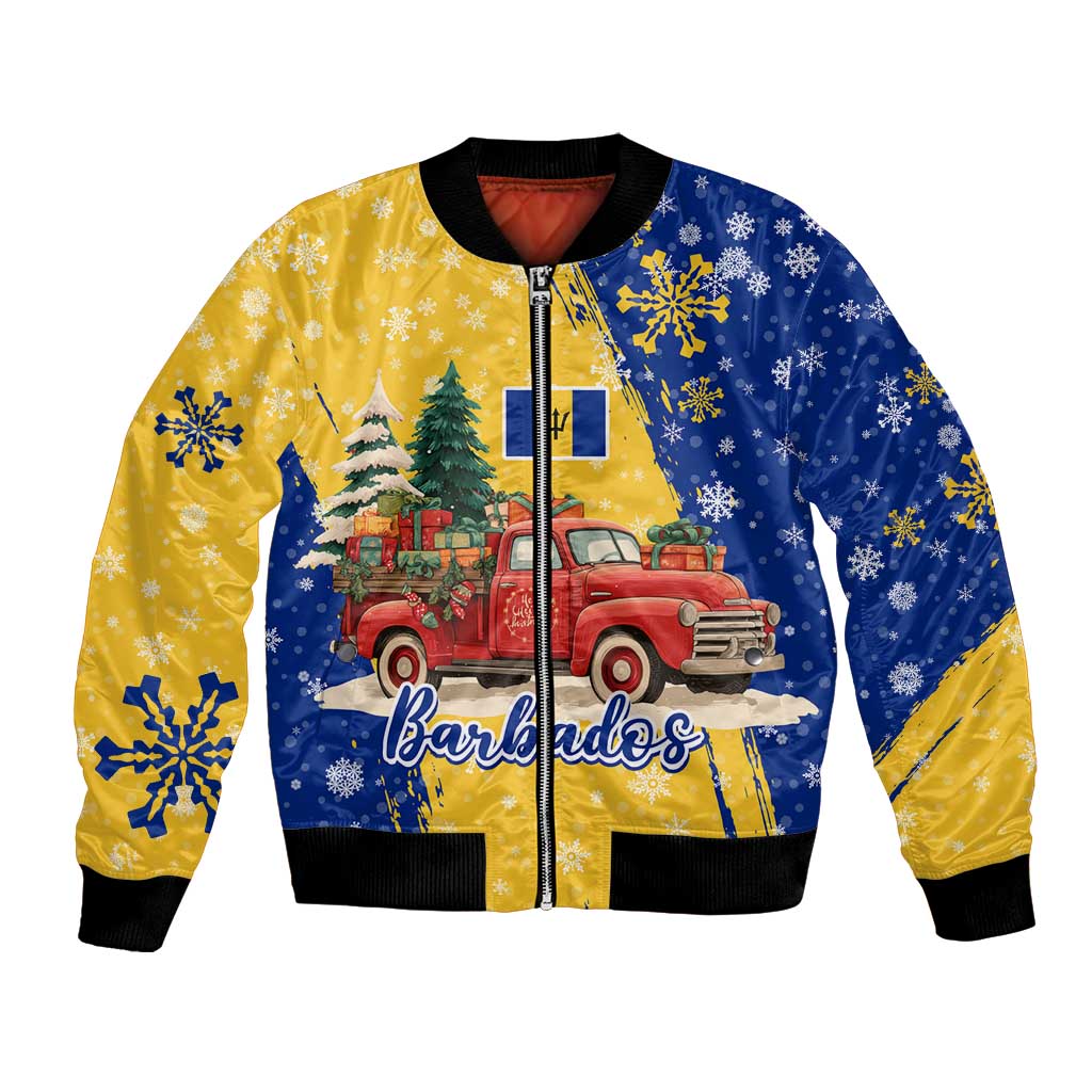 Barbados Christmas Bomber Jacket with Blue Yellow Xmas Snowflakes Red Truck and Coat of Arms - Wonder Print Shop