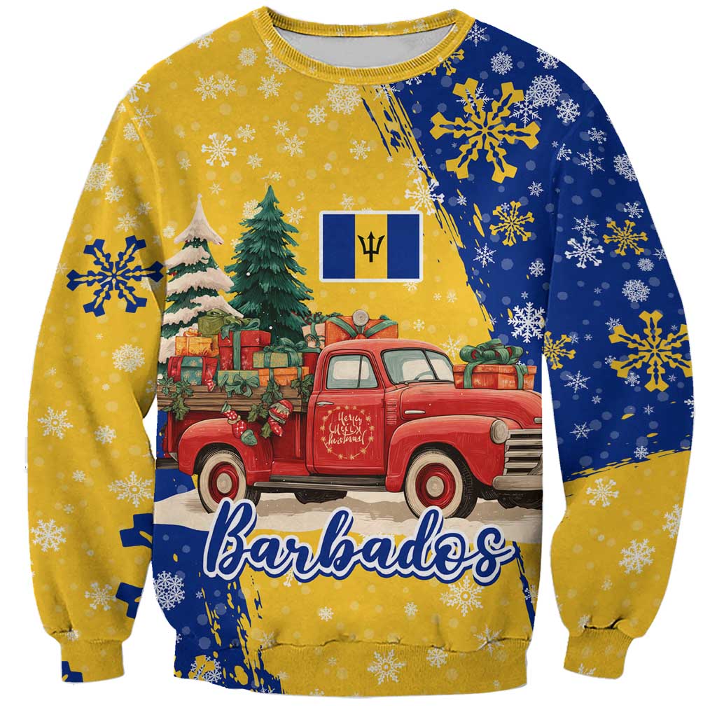 Barbados Christmas Sweatshirt with Blue Yellow Xmas Snowflakes Red Truck and Coat of Arms - Wonder Print Shop
