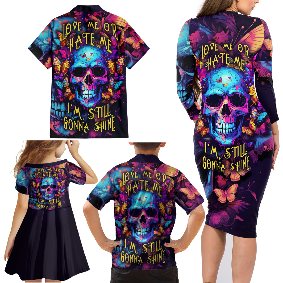 Fantasy Skull with Butterflies Family Matching Long Sleeve Bodycon Dress and Hawaiian Shirt Love me or hate me i'm still gonna shine - Wonder Print Shop