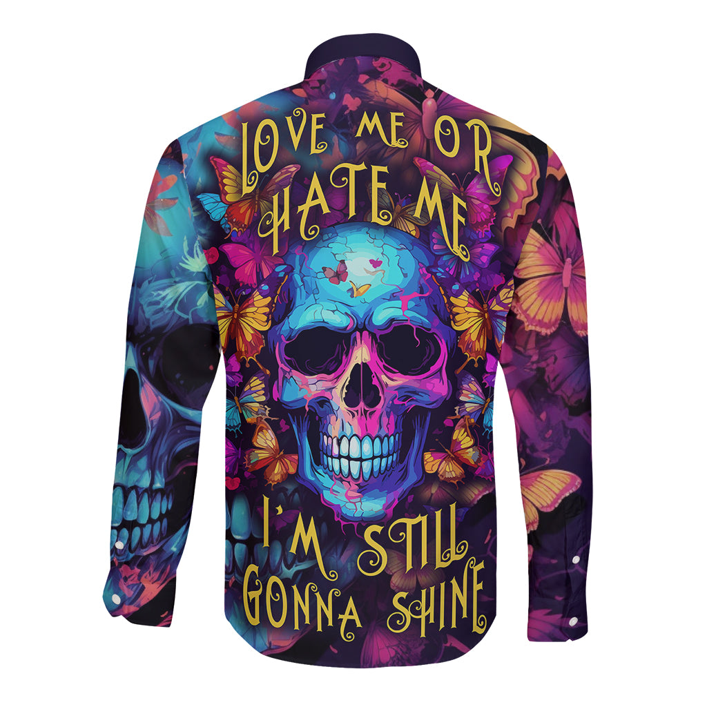 Fantasy Skull with Butterflies Long Sleeve Button Shirt Love me or hate me i'm still gonna shine - Wonder Print Shop