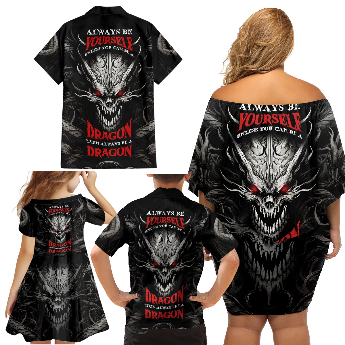 Demon Skull Family Matching Off Shoulder Short Dress and Hawaiian Shirt Always be yourself unless you can be a Dragon then always be a Dragon - Wonder Print Shop