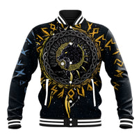 Black baseball jacket with front wolf graphic, snap button front, ribbed collar and cuffs