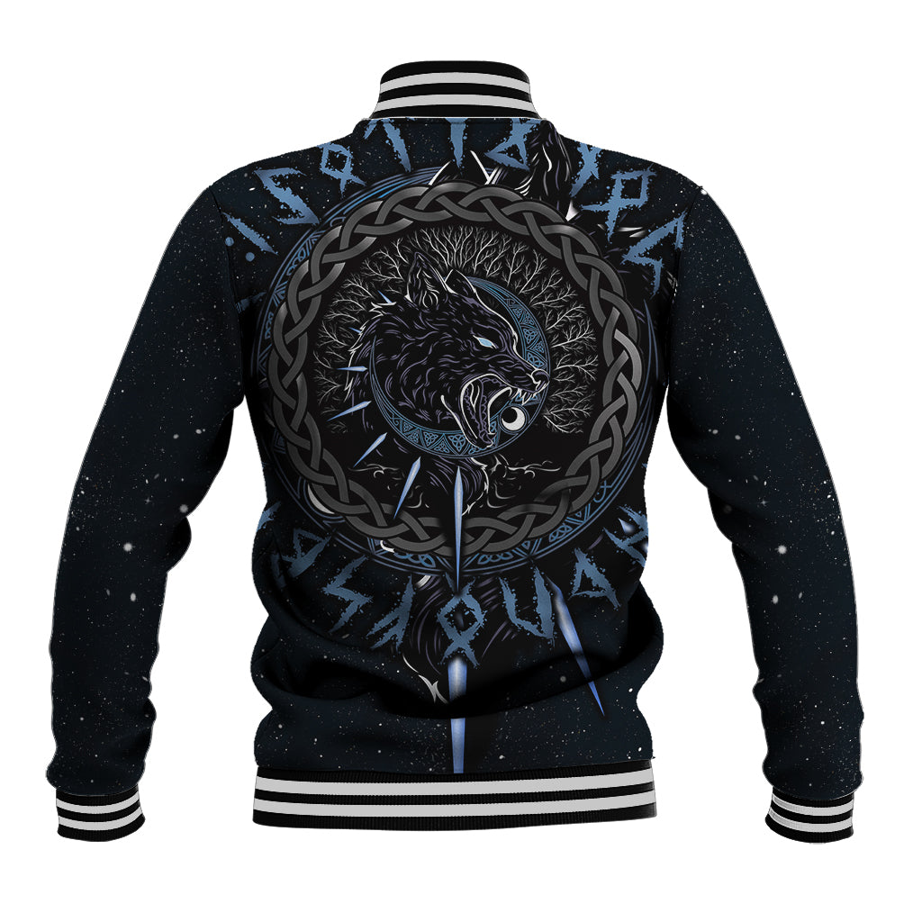 Black baseball jacket with back wolf graphic, snap button front, ribbed collar and cuffs