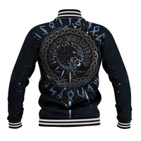 Black baseball jacket with back wolf graphic, snap button front, ribbed collar and cuffs