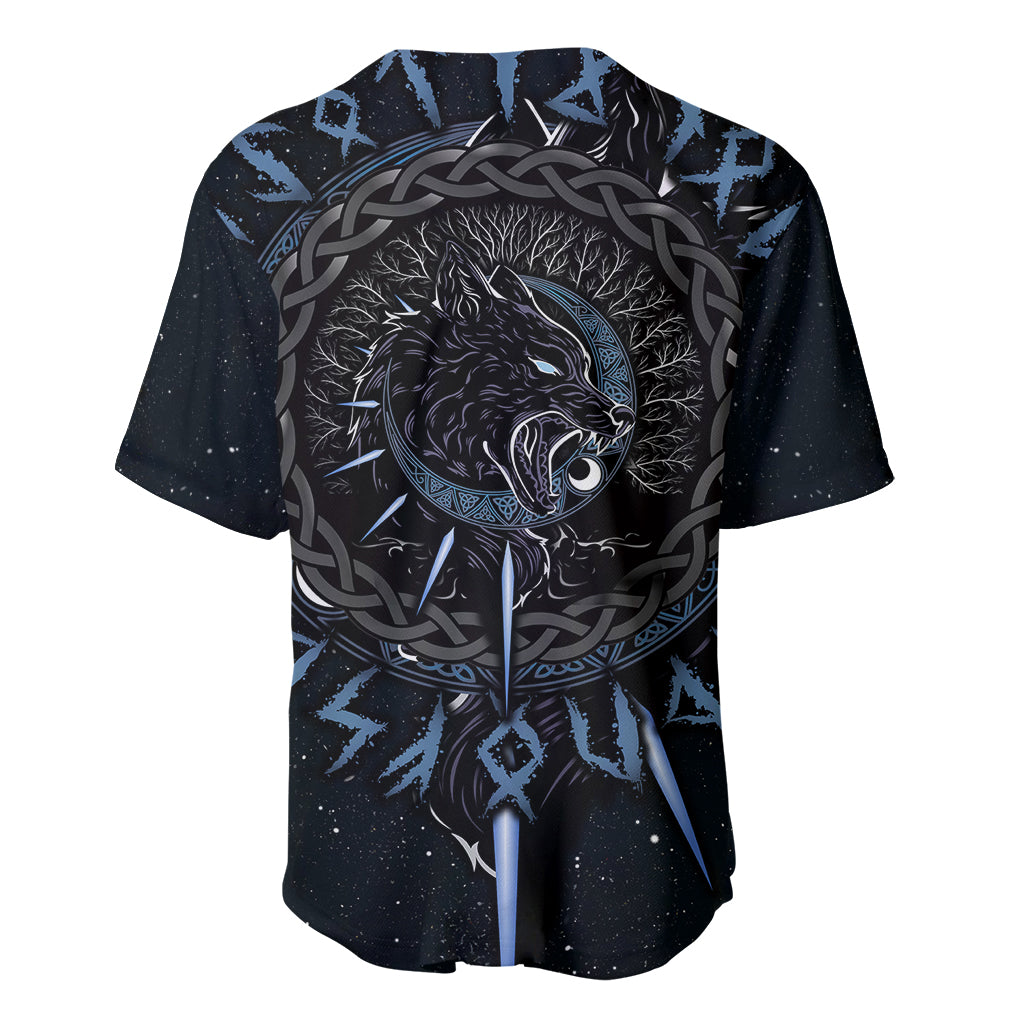 Black baseball jersey with wolf head graphic in blue, Celtic knot detail, short sleeves