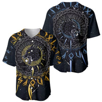 Two black baseball jerseys with wolf head graphics in gold and blue, short sleeves