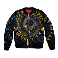 Unisex black bomber jacket with front zip and wolf graphic, yellow and blue accents