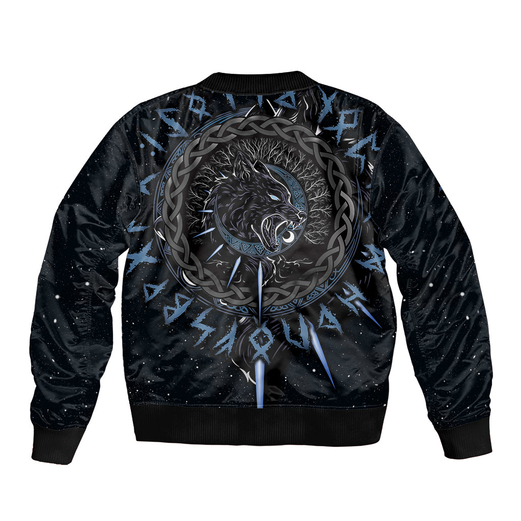 Unisex black bomber jacket with back wolf head graphic, blue lightning splatter