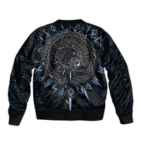 Unisex black bomber jacket with back wolf head graphic, blue lightning splatter